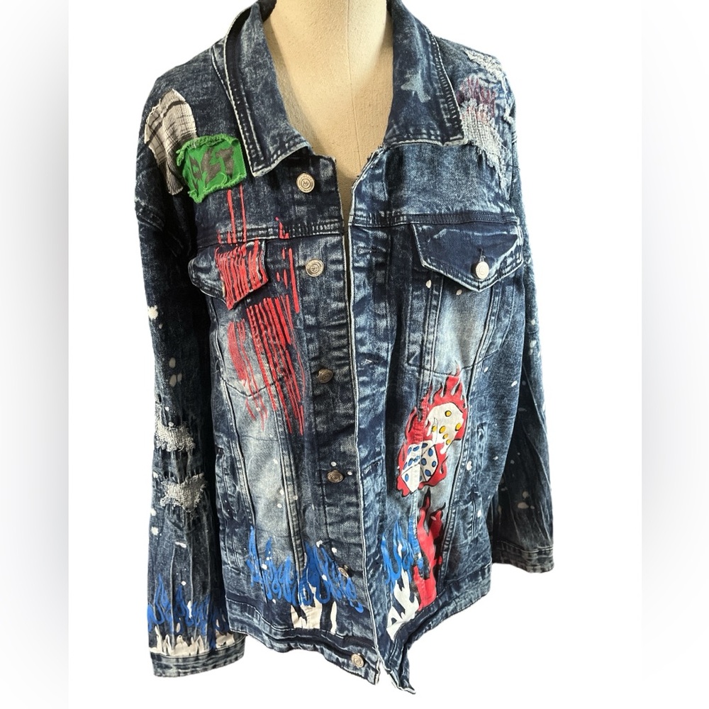 Refinery Republic Jean jacket with patches and appliqués of paint, graffiti, XL